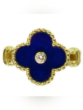 Van Cleef & Arpels 18K YG Vintage Alhambra Lapis Lazuli Diamond Ring VCA RARE!!